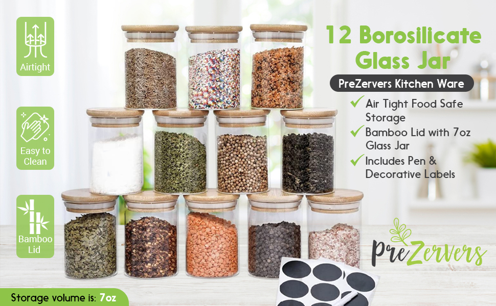 12Pcs Glass Spice Jar with Bamboo Airtight Lids and Labels, Clear